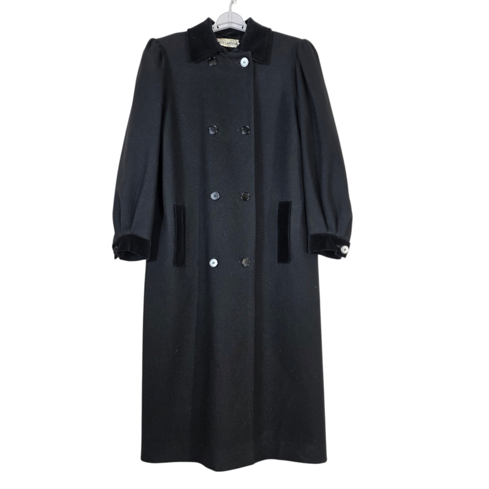 Guy Laroche  wool Vintage Black Trench Coat with Velvet Accent
